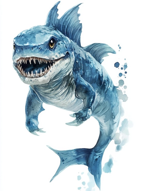 A vibrant watercolor illustration of a friendly sea monster with a toothy grin The monster is