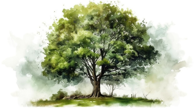 Vibrant Watercolor Illustration of an Isolated Green Tree on White Background