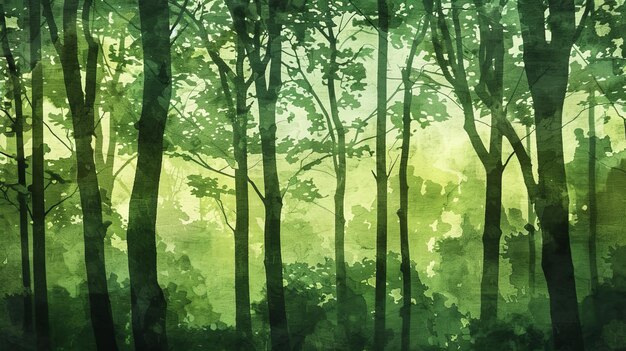 Photo vibrant watercolor illustration of a lush green forest showcasing tall trees and dense foliage in a serene natural landscape