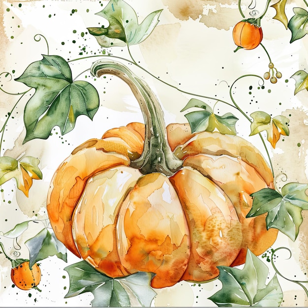 Photo vibrant watercolor illustration of an orange pumpkin amidst green vines and leaves in a soft