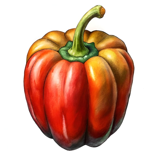 A vibrant watercolor illustration of a red and yellow bell pepper perfect for adding a splash of color to any culinary health or lifestyle project