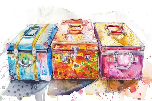 Photo vibrant watercolor illustration of unique suitcases on white background