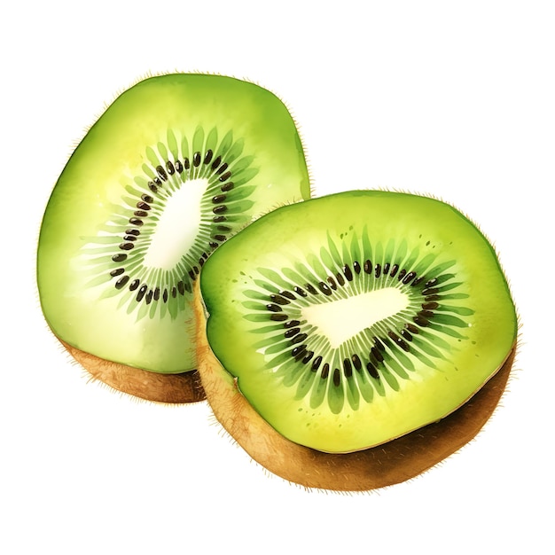 Vibrant Watercolor Kiwi Fruit with Detailed Seeds on White Background