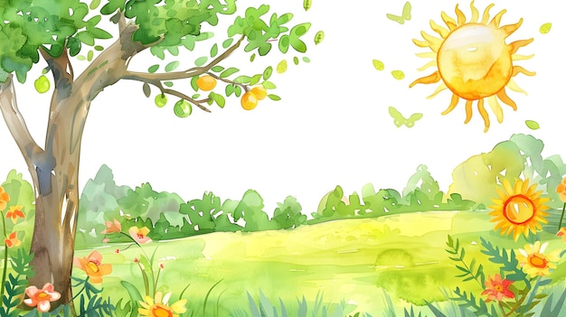 Vibrant Watercolor Landscape with Leafy Tree and Sunny Sky