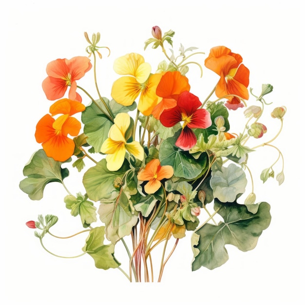 Vibrant Watercolor Nasturtium Bouquet Detailed Botanical Art