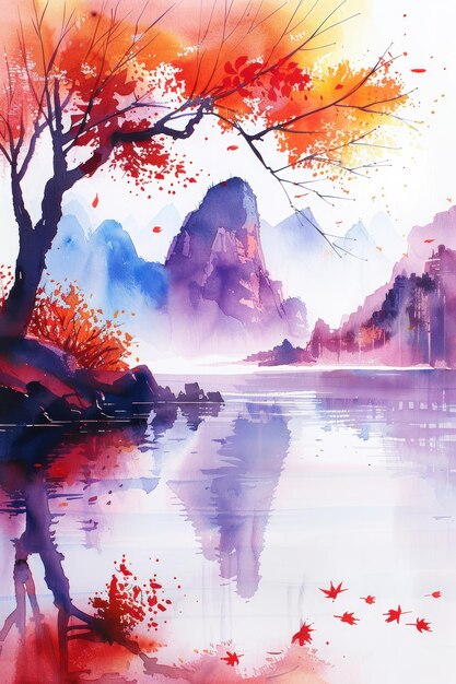 Vibrant watercolor painting of autumn trees and mountains