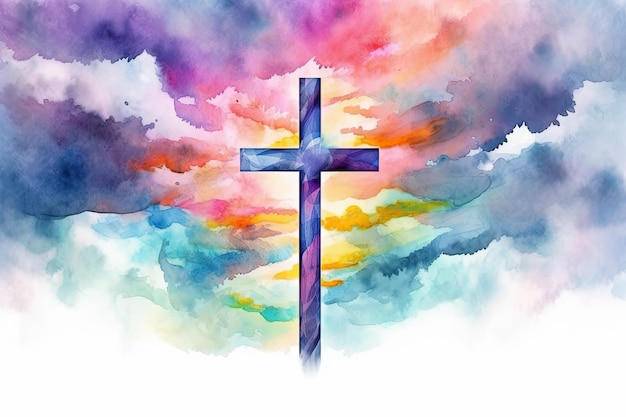 A vibrant watercolor painting of a cross soaring above the clouds in a graffitilike style Perfect for religious themes Generative AI