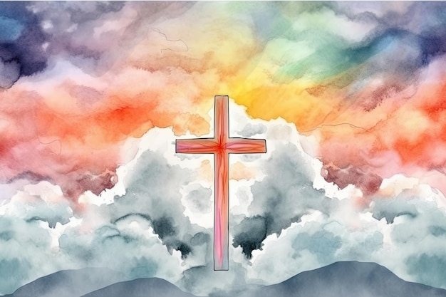 A vibrant watercolor painting of a cross soaring above the clouds in a graffitilike style Perfect for religious themes Generative AI