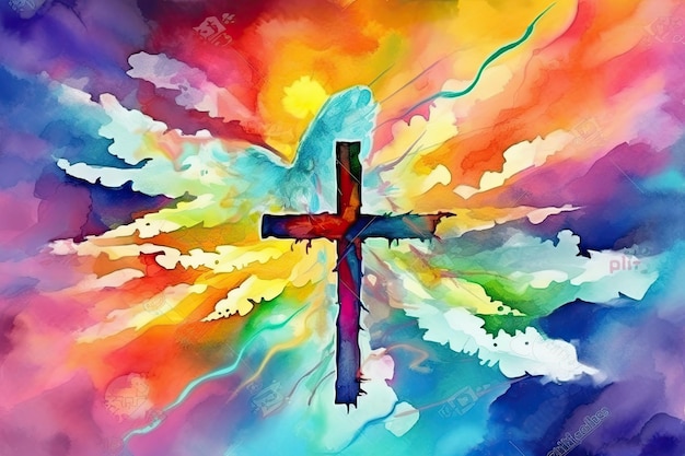 A vibrant watercolor painting of a cross soaring above the clouds in a graffitilike style Perfect for religious themes Generative AI