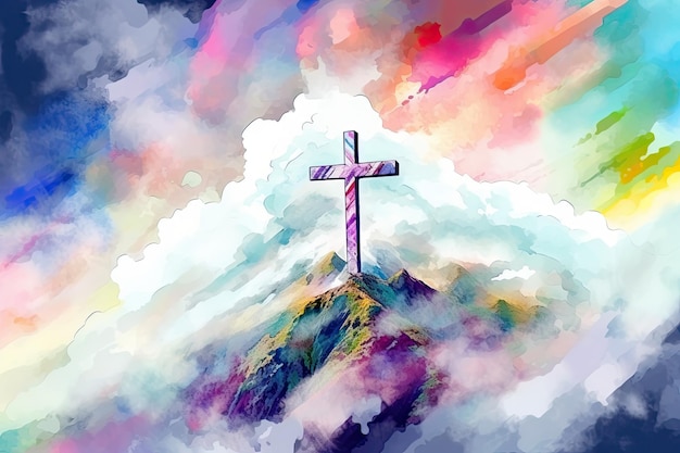 A vibrant watercolor painting of a cross soaring above the clouds in a graffitilike style Perfect for religious themes Generative AI