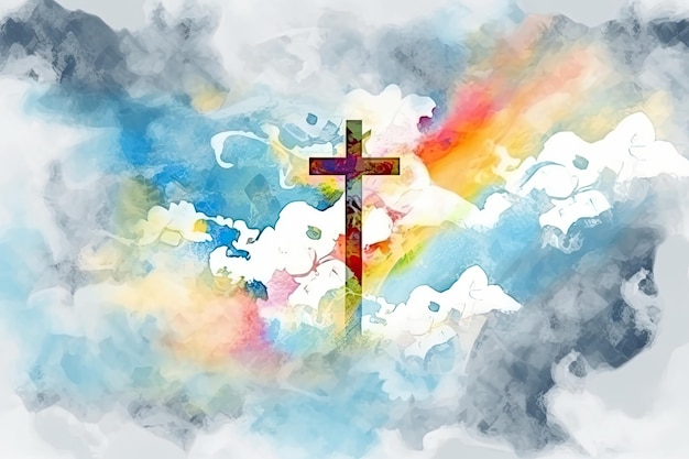 A vibrant watercolor painting of a cross soaring above the clouds in a graffitilike style Perfect for religious themes Generative AI