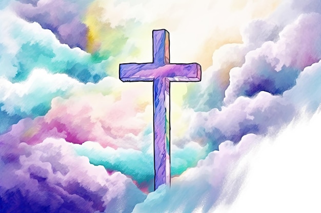 A vibrant watercolor painting of a cross soaring above the clouds in a graffitilike style Perfect for religious themes Generative AI