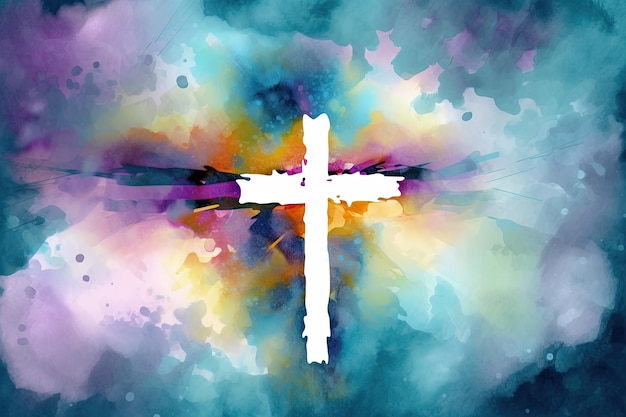 A vibrant watercolor painting of a cross soaring above the clouds in a graffitilike style Perfect for religious themes Generative AI