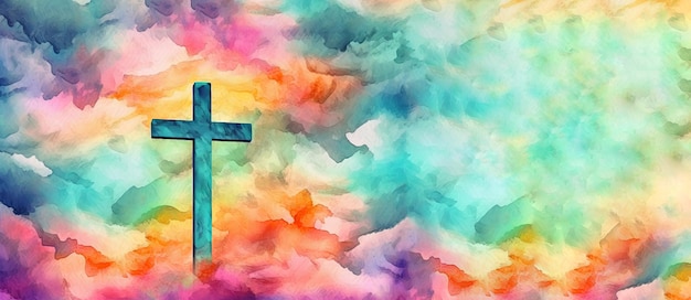 A vibrant watercolor painting of a cross soaring above the clouds in a graffitilike style Perfect for religious themes Generative AI