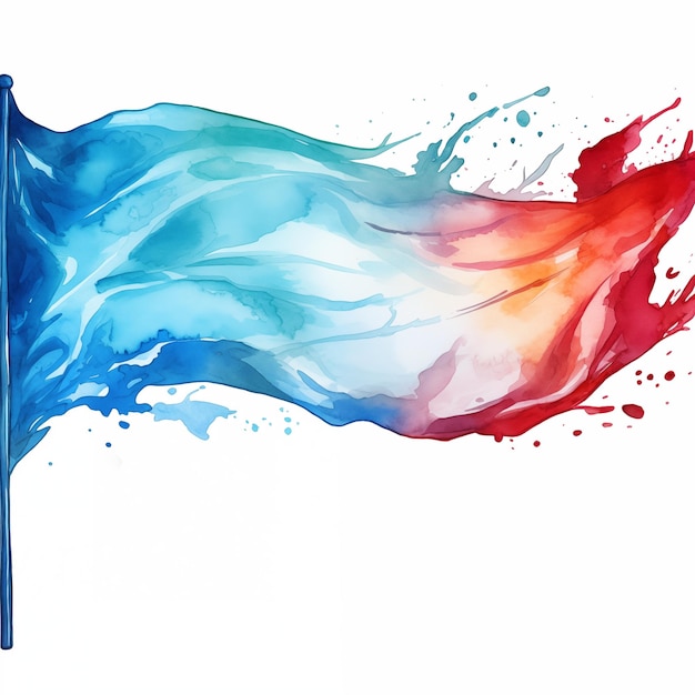 Vibrant watercolor painting of a flowing flag in blue and red splashes