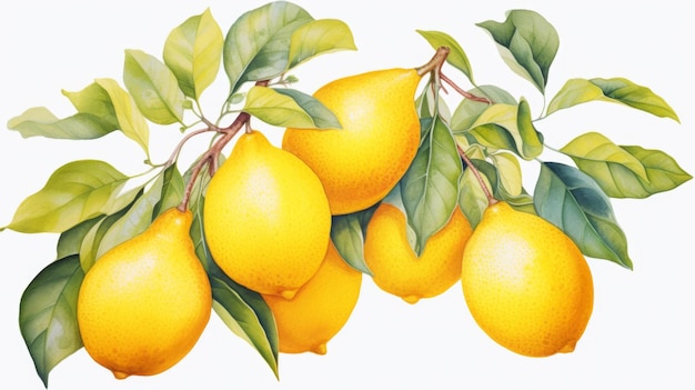 Vibrant Watercolor Painting of Fresh Lemons on a Branch