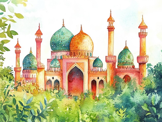 Photo vibrant watercolor painting of a mosque complex