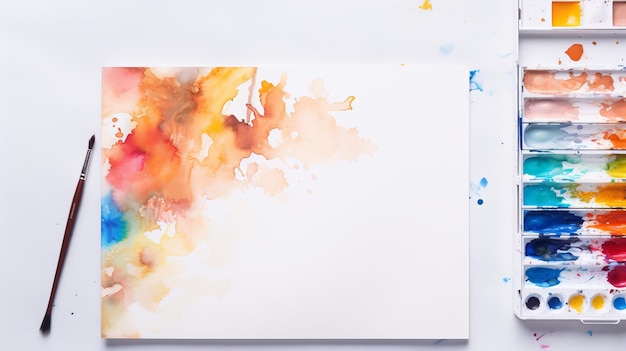 A vibrant watercolor painting on paper with a paintbrush and a palette filled with various hues