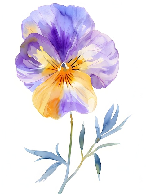 Photo vibrant watercolor pansy flower in shades of purpleyellowand white