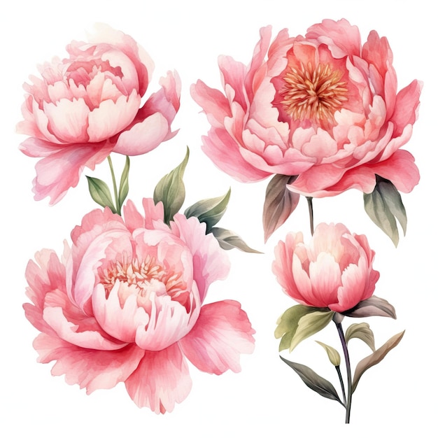 Vibrant Watercolor Peonies on White Background AI Generated