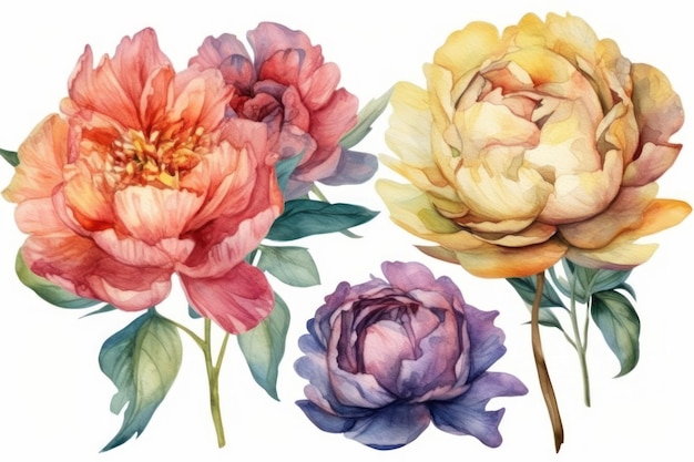 Vibrant Watercolor Peonies on White Background