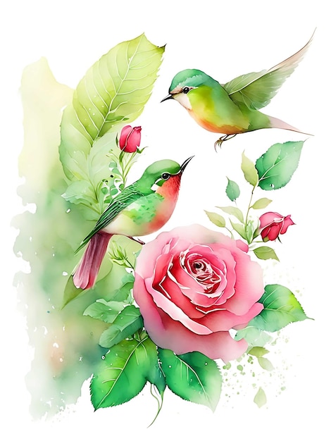 A vibrant watercolor rose its petals delicately outlined in a deep green leaf