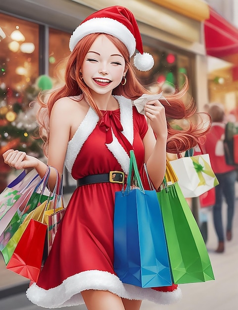 A vibrant watercolor of a Santa helper girl her arms overflowing with shopping bags as she smiles