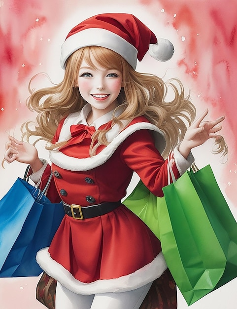 A vibrant watercolor of a Santa helper girl her arms overflowing with shopping bags as she smiles