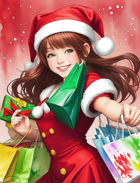 A vibrant watercolor of a Santa helper girl her arms overflowing with shopping bags as she smiles