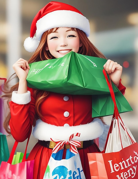 A vibrant watercolor of a Santa helper girl her arms overflowing with shopping bags as she smiles