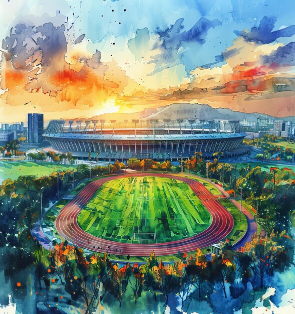 Vibrant Watercolor Stadium with Athletics Running Track Panoramic for Sporty Apparel Design