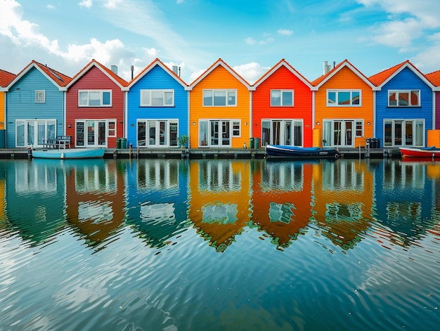 Vibrant Waterfront Houses with Boats