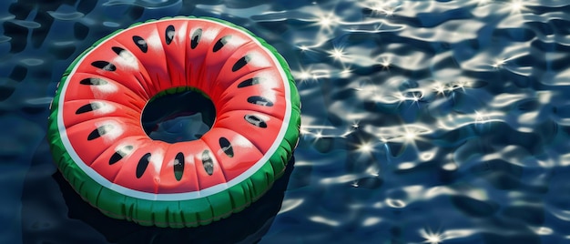 Photo a vibrant watermelon float gleams under the sparkling sunlight on still water evoking refreshing summer vibes and leisurely fun