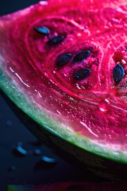 Vibrant Watermelon Slice Closeup with Glistening Juice Droplets