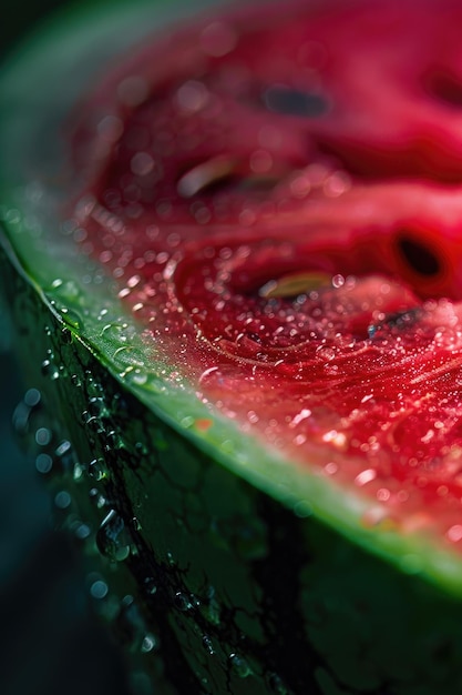 Vibrant Watermelon Slice Closeup with Glistening Juice Droplets