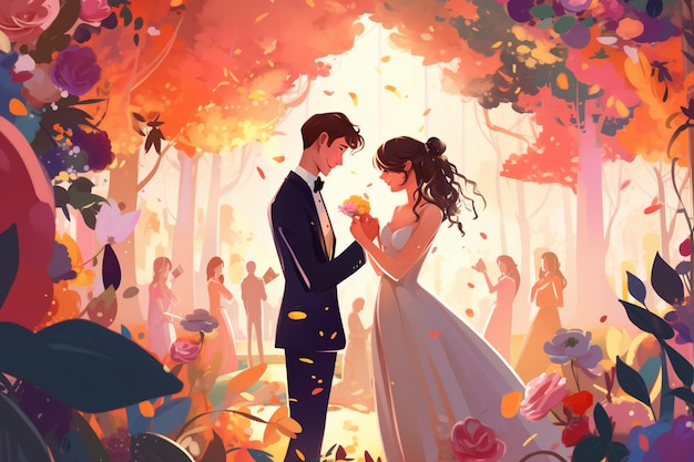 Photo vibrant wedding romance cute and colorful painting