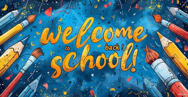 Photo vibrant welcome back to school banner featuring cartoon animals art supplies and playful lettering