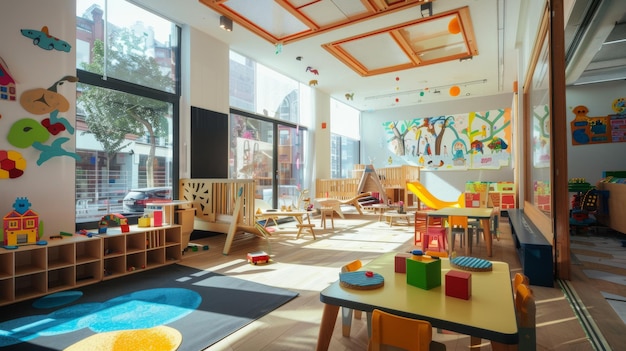 Photo vibrant wellequipped children39s playroom illuminated by natural light filled with toys and educational materials