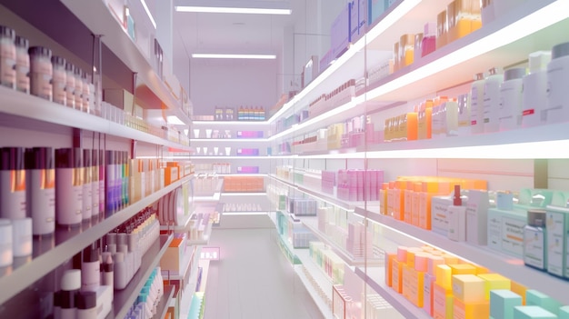 A vibrant welllit aisle in a modern cosmetic store lined with a diverse array of colorful beauty products ready for customers to explore