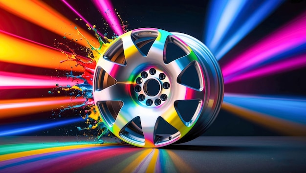 A vibrant wheel rim with splashes of multicolored paint symbolizing automotive creativity