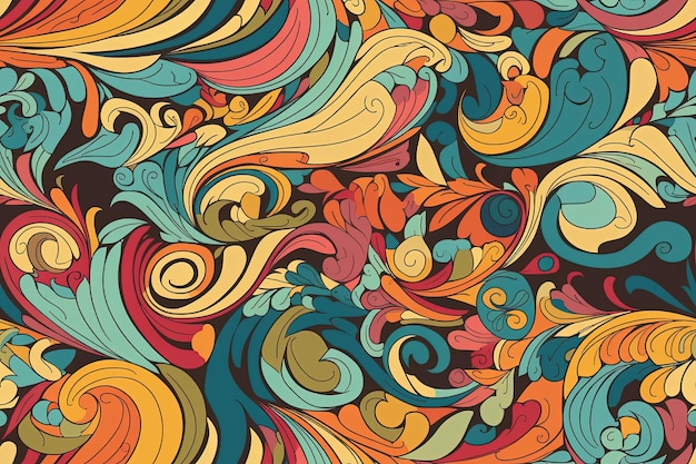 Vibrant and whimsical background with swirling patterns and leaf motifs