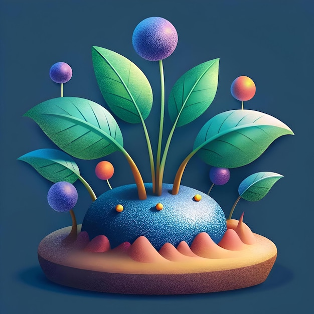 A vibrant and whimsical illustration featuring a cluster of stylized plants with colorful spherical elements