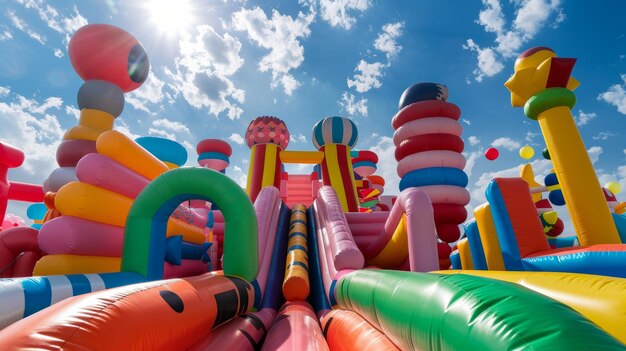 Photo a vibrant and whimsical inflatable playground filled with a variety of colorful playful structures a