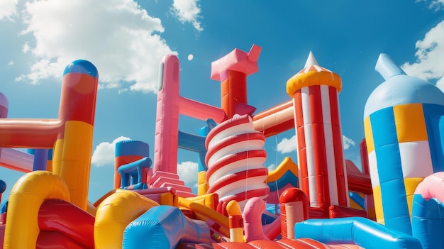 Photo a vibrant and whimsical inflatable playground filled with a variety of colorful playful structures a