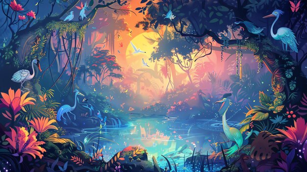 A vibrant and whimsical jungle scene with a sunlit lake and colorful birds