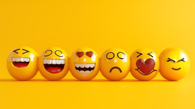 Photo a vibrant and whimsical row of expressive yellow emoji faces each conveying a range of emotions from heart eyes to laughter creating a playful and emotive display the row also features a