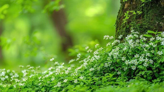 Vibrant white wildflowers bloom at the base of a mossy tree in a lush green forest