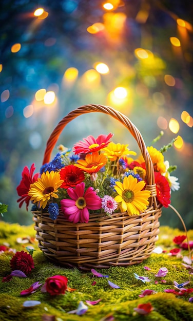 Vibrant Wicker Basket Overflowing with Multicolored Fruits and Vegetables