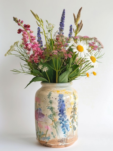 Photo vibrant wildflower bouquet in handpainted ceramic vase on white background