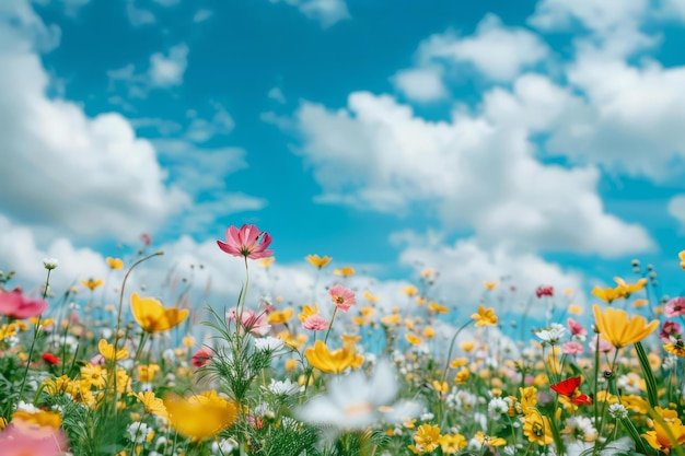 Vibrant Wildflower Meadow Under Blue Sky Nature Photography